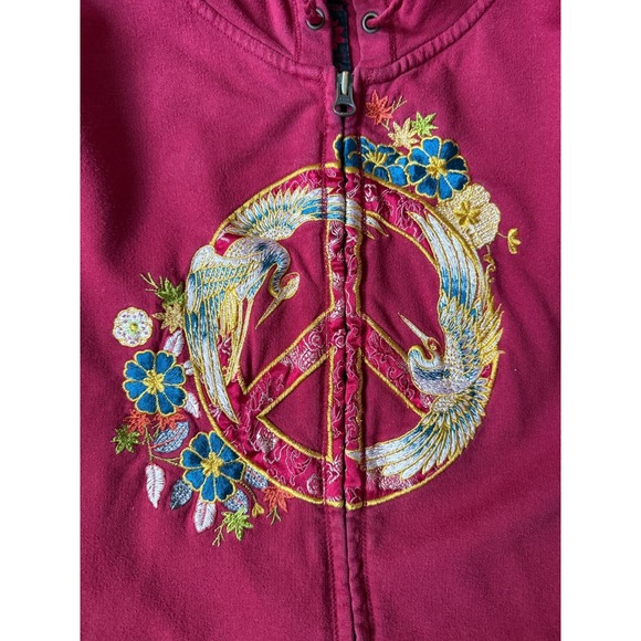 Lucky Brand Embroidered Zip Hoodie Asian Art Bird Floral Graphic Red Size XL - Picture 9 of 16